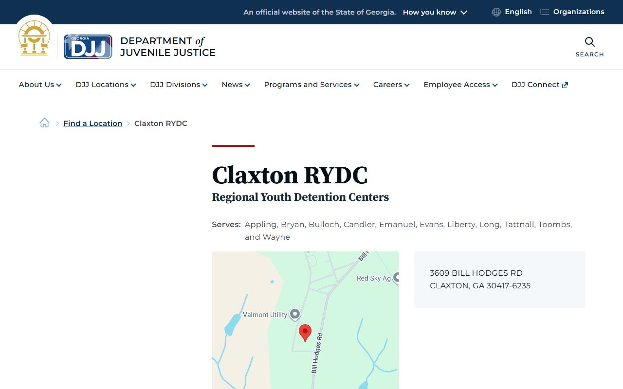 Georgia Department of Juvenile Justice page for Claxton Regional Youth Detention Center